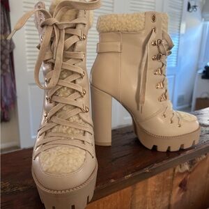 Elegant Cream Lace-Up Heeled Boots
